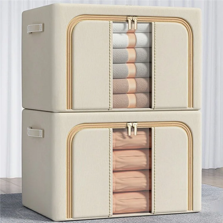 Caja de almacenamiento de tela Oxford de 66 L con marco de acero plegable y ventana transparente para la organización del hogar - Beige