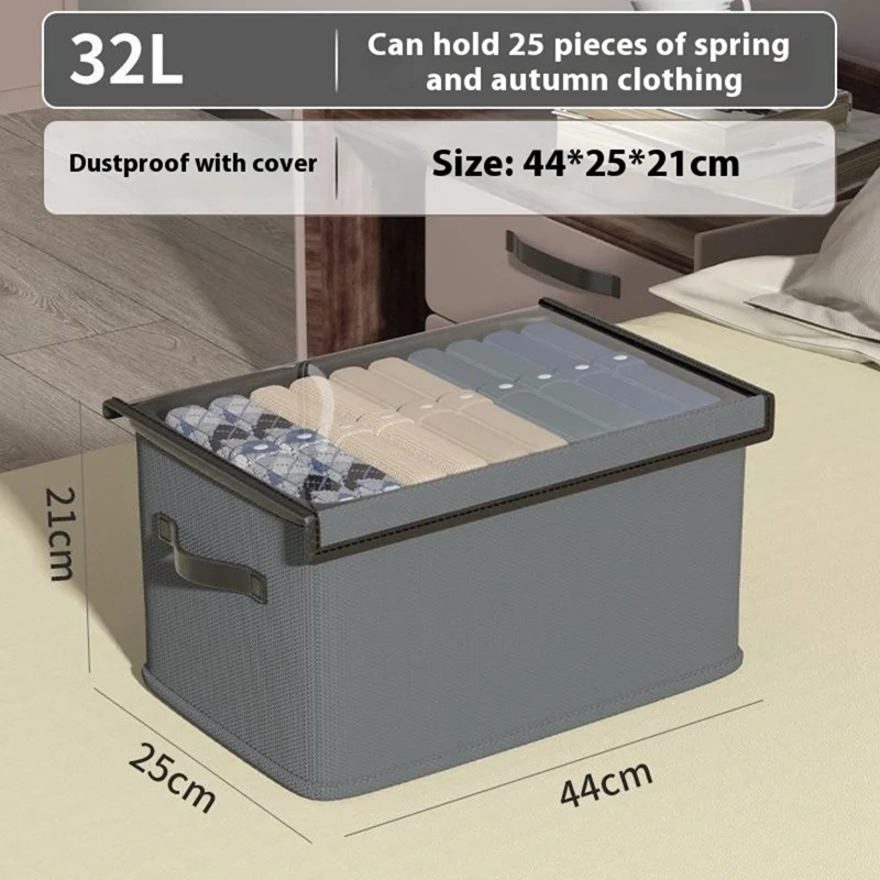 44x25x20cm Foldable Storage Box with Lid 32L Clothes Organizer for Wardrobe  /  Closet Stackable Container