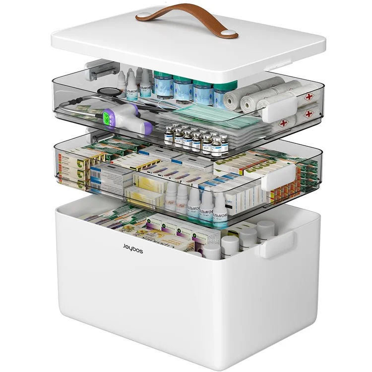 JOYBOS Boîte à pharmacie familiale de 3 étages, grande capacité, organisateur de rangement multicompartiments pour premiers soins