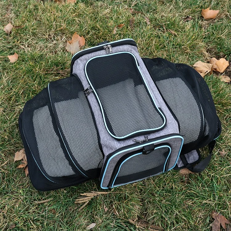 Borsa Trasportino Portatile per Animali con Tracolla - Capiente Borsa Espandibile da Viaggio per Cani e Gatti, Taglia S - Grigio+Blu