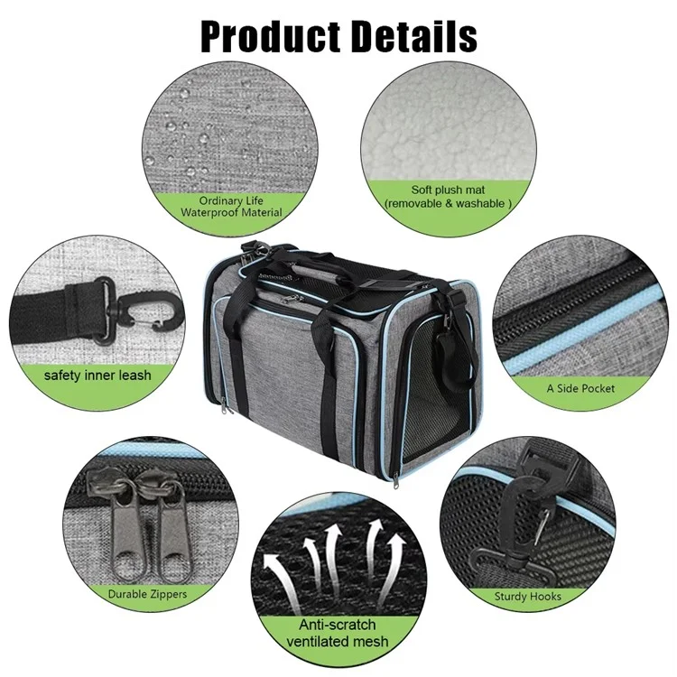 Borsa Trasportino Portatile per Animali con Tracolla - Capiente Borsa Espandibile da Viaggio per Cani e Gatti, Taglia S - Grigio+Blu