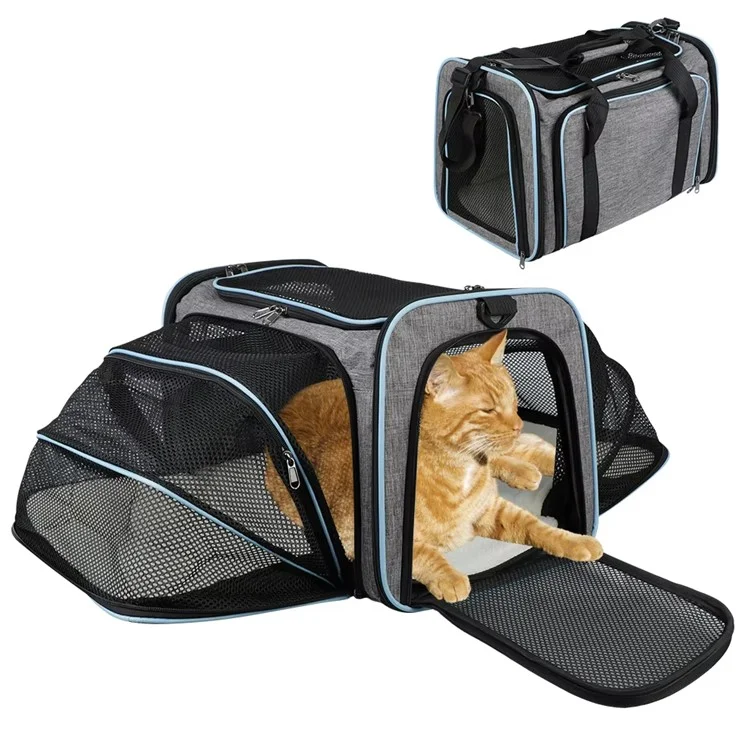Borsa Trasportino Portatile per Animali con Tracolla - Capiente Borsa Espandibile da Viaggio per Cani e Gatti, Taglia S - Grigio+Blu