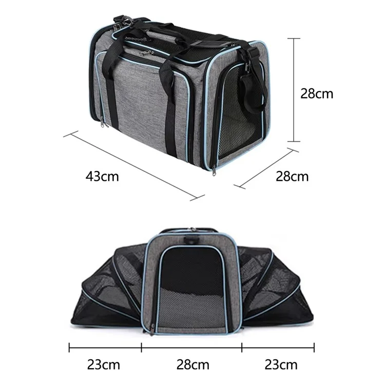 Sac de transport portable pour animaux de compagnie avec bandoulière - Grande capacité, extensible pour chats et chiens, Taille M - Gris+Bleu