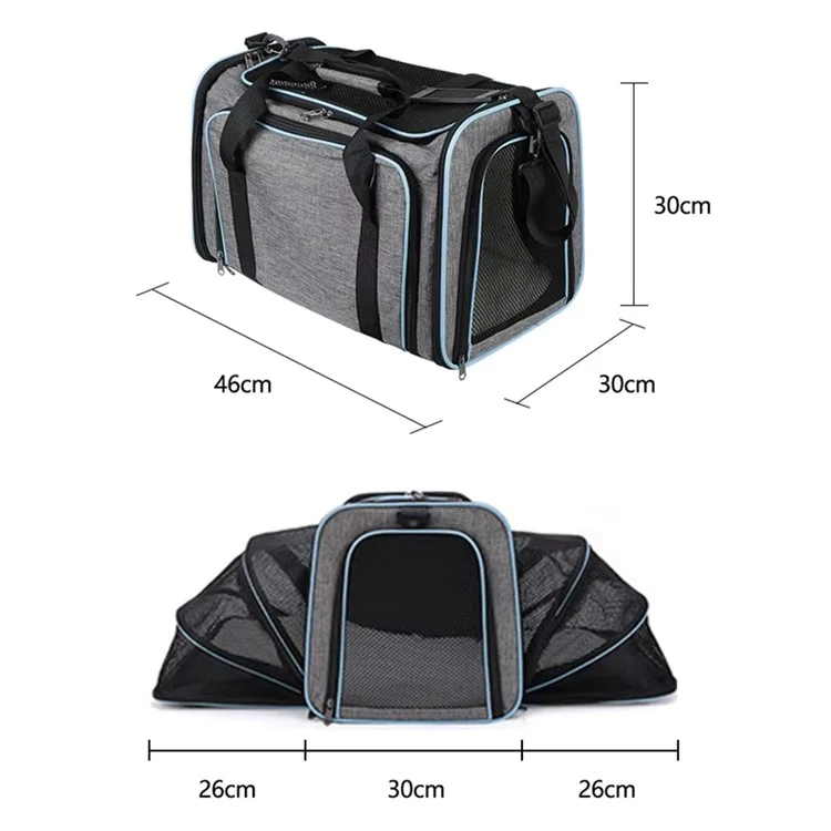 Trasportino Portatile per Animali con Tracolla, Capiente Borsa da Viaggio Espandibile per Gatti e Cani, Taglia L - Grigio+Blu
