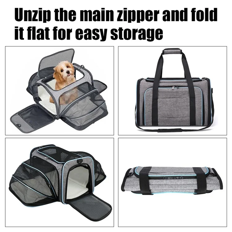 Trasportino Portatile per Animali con Tracolla, Capiente Borsa da Viaggio Espandibile per Gatti e Cani, Taglia L - Grigio+Blu