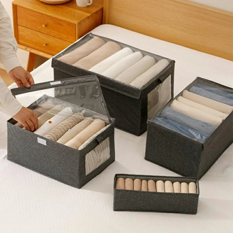 Boîte de rangement pliable XXL en tissu Oxford transparent avec couvercle pour placard, organisateur de vêtements, 47 x 30 x 25 cm - Gris