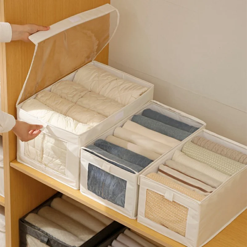 Boîte de rangement pliable XXL en tissu Oxford transparent avec couvercle pour placard, organisateur de vêtements, 47 x 30 x 25 cm - Gris