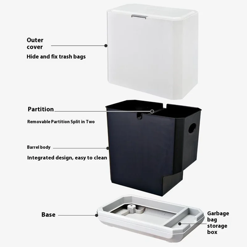 Lixeira de Grande Capacidade de 14L com Tampa de Pressão, Separação de Lixo Seco e Úmido, para Escritório e Cozinha - Branco+Preto