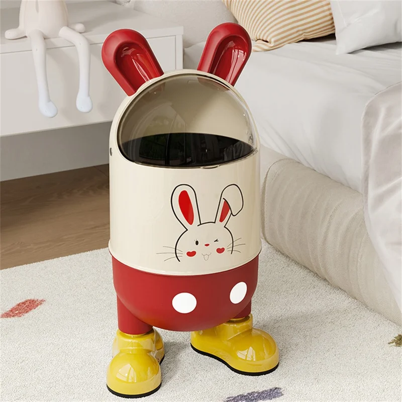 Poubelle design oreilles de lapin mignon avec couvercle rabattable et pieds, taille L - Rouge et blanc