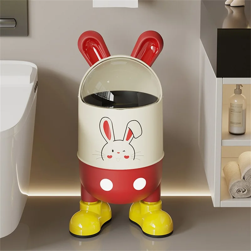 Poubelle design oreilles de lapin mignon avec couvercle rabattable et pieds, taille L - Rouge et blanc