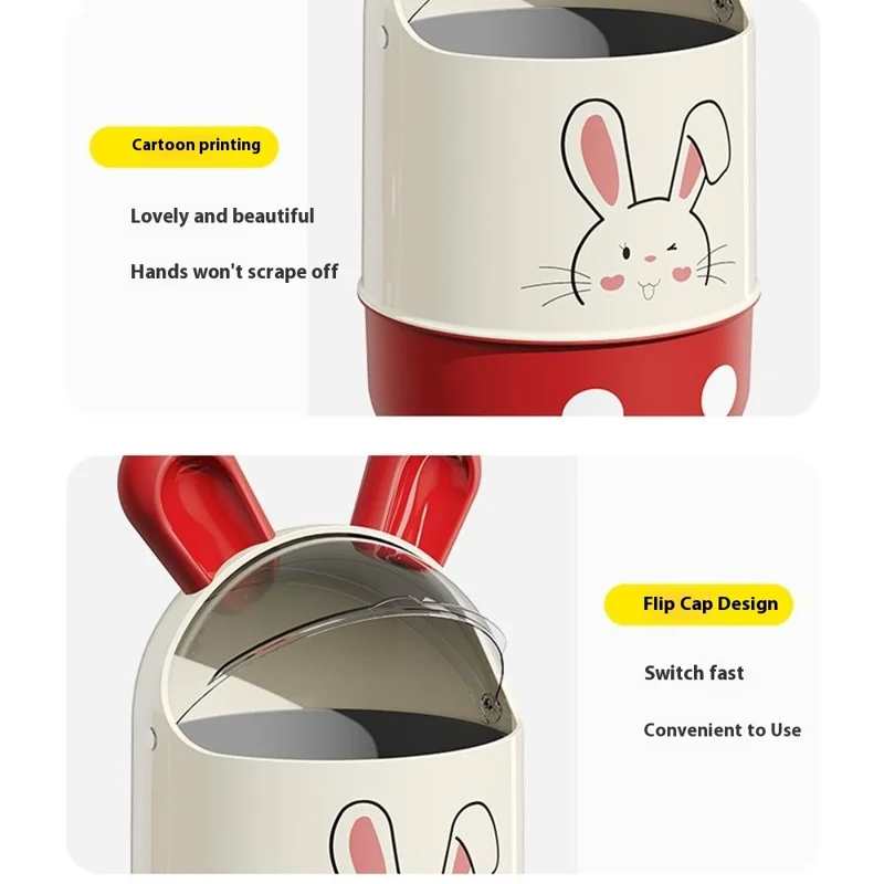 Poubelle design oreilles de lapin mignon avec couvercle rabattable et pieds, taille L - Rouge et blanc