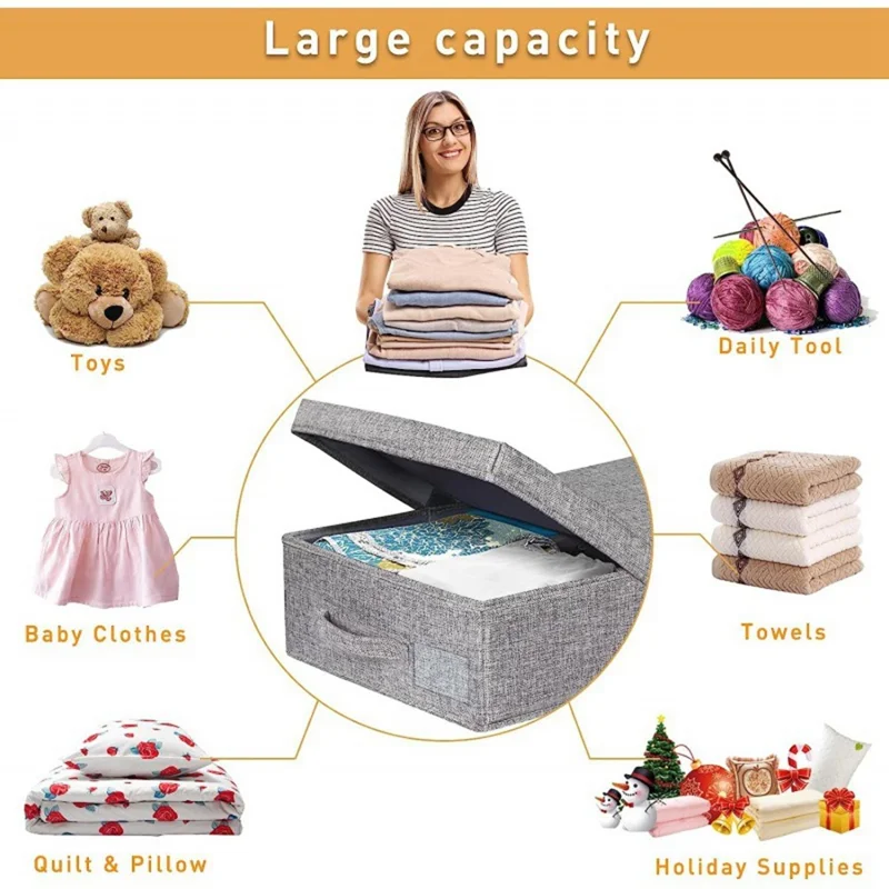 1Pc Under Bed Storage Box with Lid Foldable Organizer Container for Clothes Blankets Toys - Grey