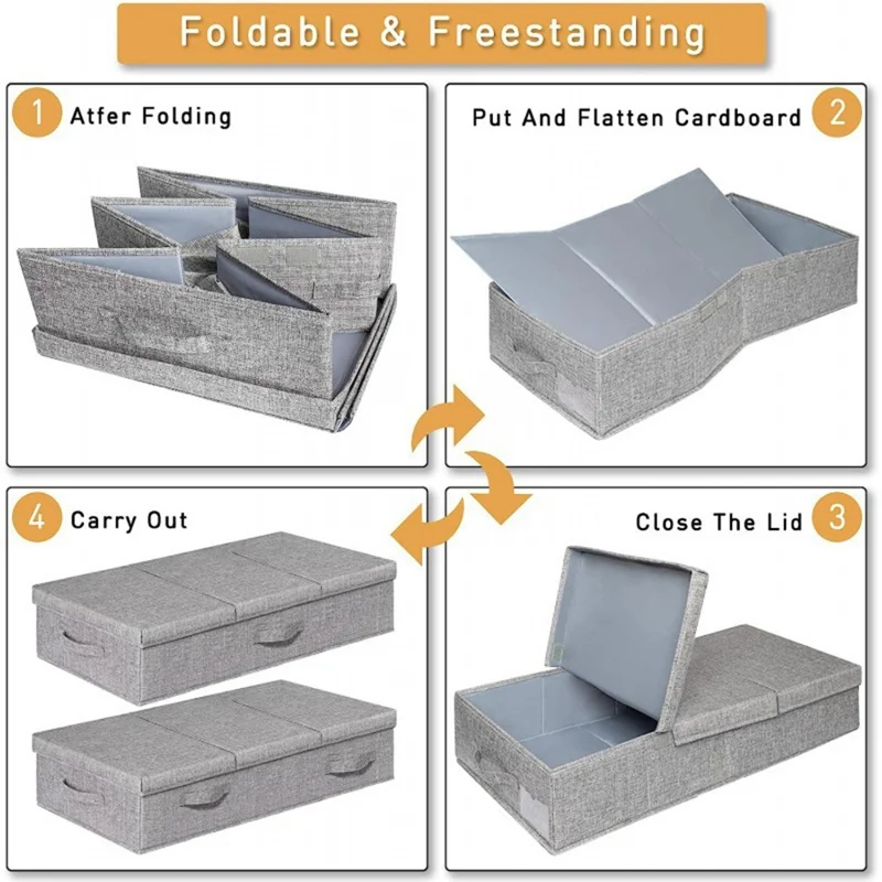 1Pc Under Bed Storage Box with Lid Foldable Organizer Container for Clothes Blankets Toys - Grey