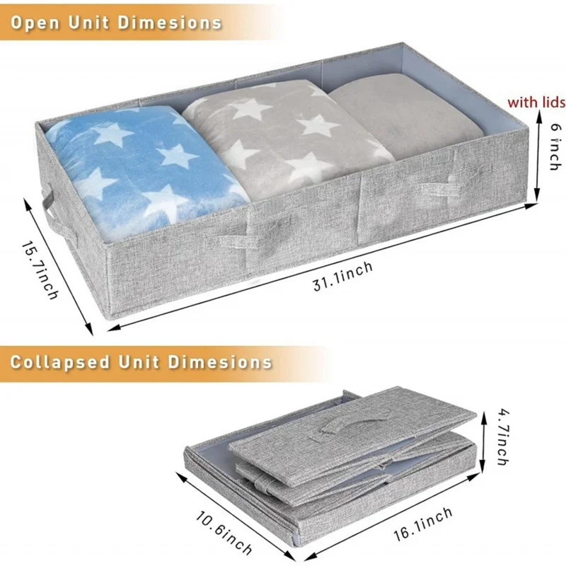 1Pc Under Bed Storage Box with Lid Foldable Organizer Container for Clothes Blankets Toys - Grey