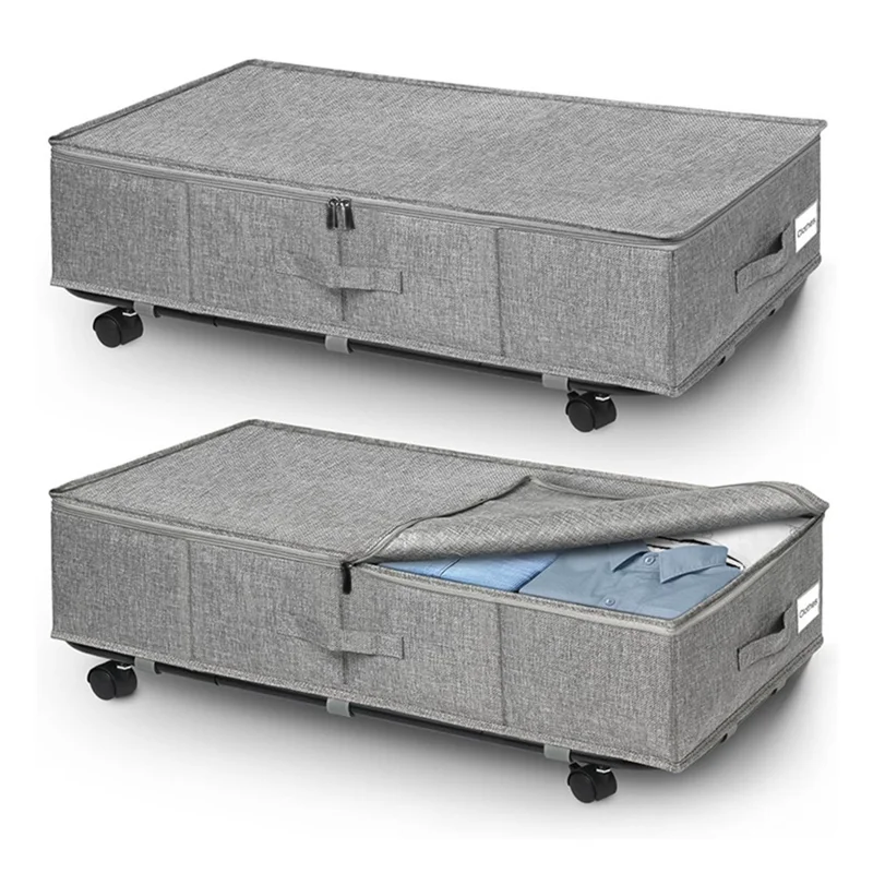 2Pcs Imitation Linen Under Bed Storage Box with Wheels Foldable Closet Organizer for Blanket Toy