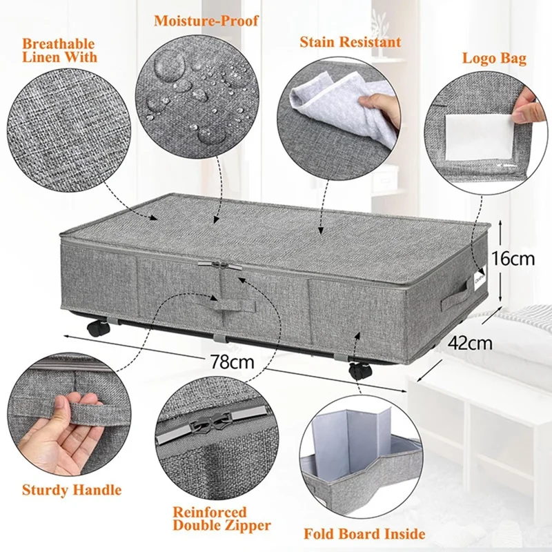 2Pcs Imitation Linen Under Bed Storage Box with Wheels Foldable Closet Organizer for Blanket Toy