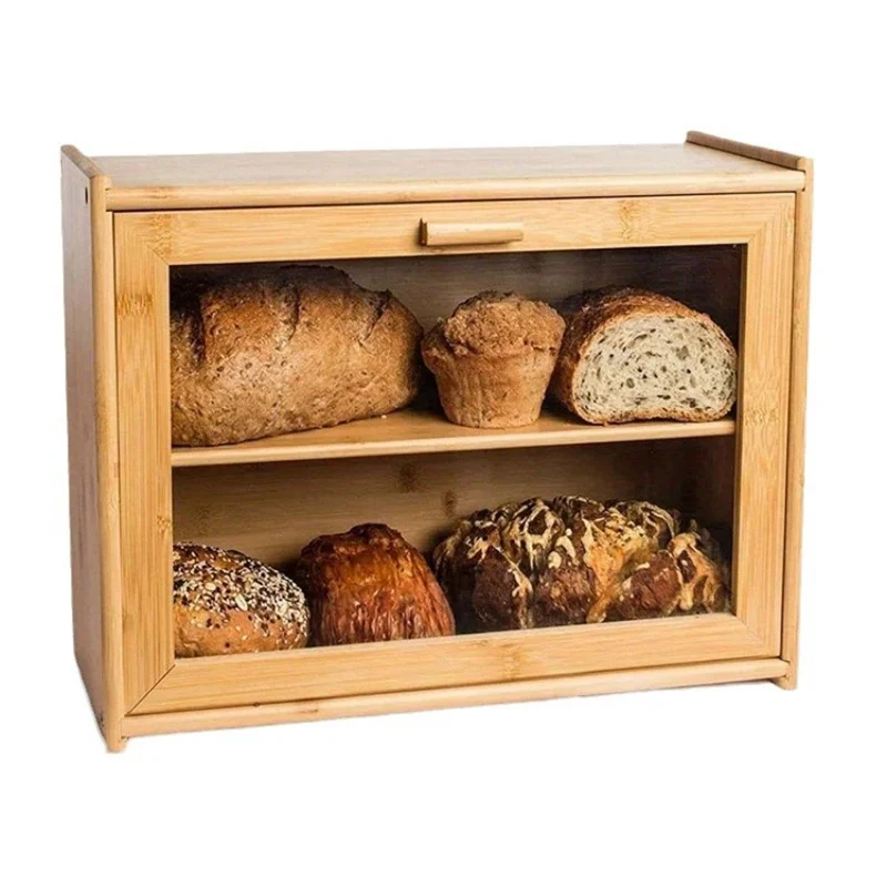 Dual Layer Bamboo Bread Box Kitchen Countertop Storage Case with Clear Window (BPA-Free, No FDA Certificate)