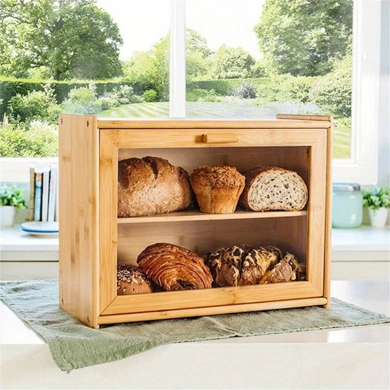 Dual Layer Bamboo Bread Box Kitchen Countertop Storage Case with Clear Window (BPA-Free, No FDA Certificate)