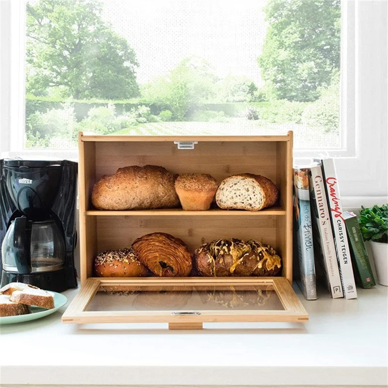 Dual Layer Bamboo Bread Box Kitchen Countertop Storage Case with Clear Window (BPA-Free, No FDA Certificate)