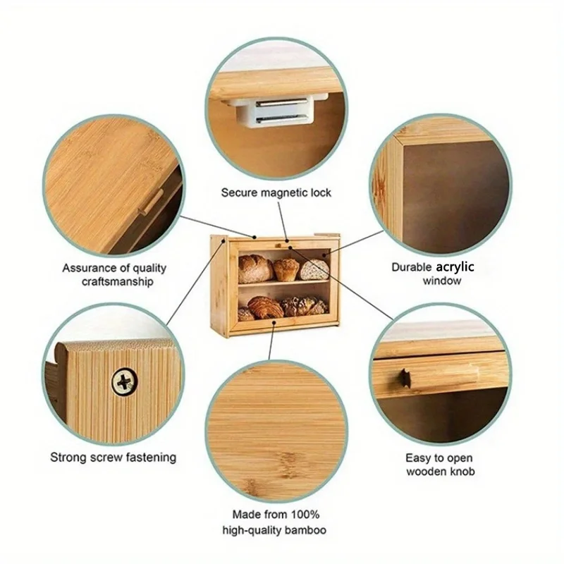 Dual Layer Bamboo Bread Box Kitchen Countertop Storage Case with Clear Window (BPA-Free, No FDA Certificate)