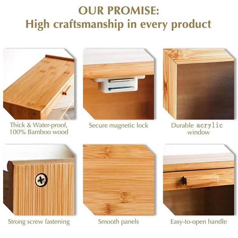 Dual Layer Bamboo Bread Box Kitchen Countertop Storage Case with Clear Window (BPA-Free, No FDA Certificate)