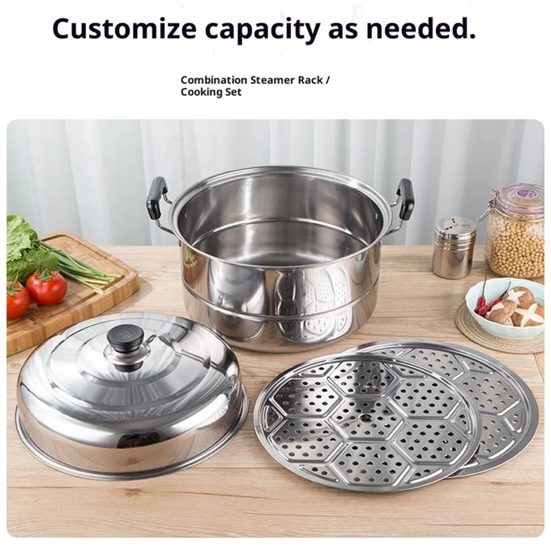 Stainless Steel Stack and Steam Pot Set 26cm 2-Layer Steamer with 2PCS Steamer Trays for Vegetable, Dumpling