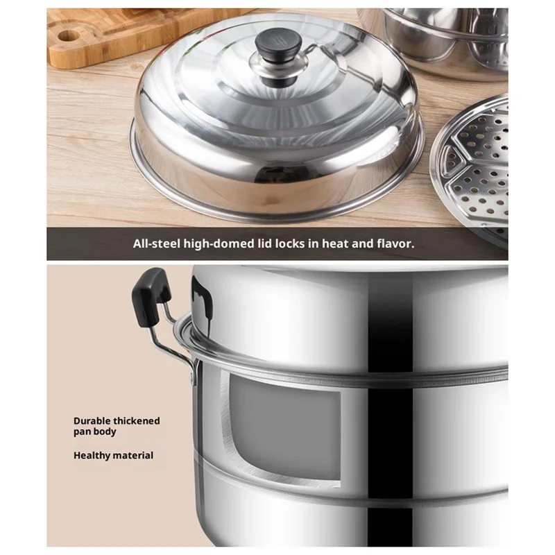 Stainless Steel Stack and Steam Pot Set 26cm 2-Layer Steamer with 2PCS Steamer Trays for Vegetable, Dumpling