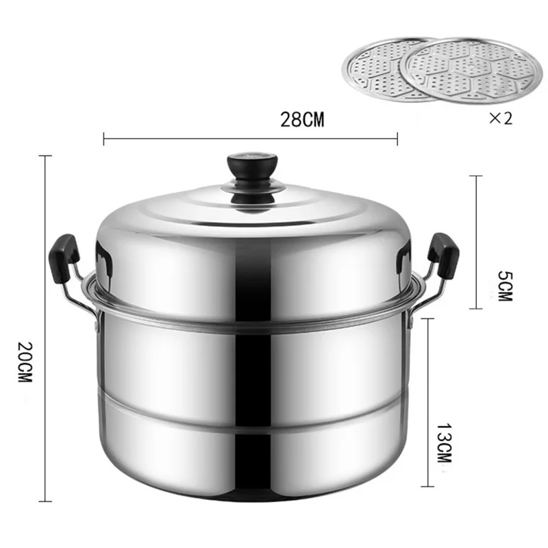 Stainless Steel Stack and Steam Pot Set 28cm 2-Layer Steamer with 2PCS Steamer Trays for Vegetable, Dumpling