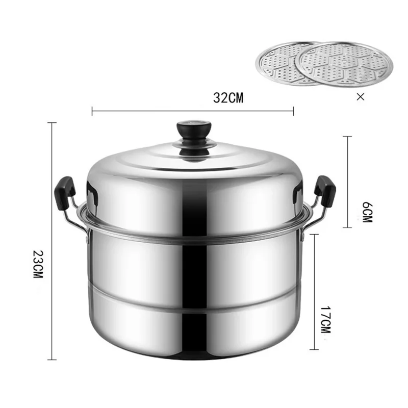 Stainless Steel Stack and Steam Pot Set 32cm 2-Layer Steamer with 2PCS Steamer Trays for Vegetable, Dumpling