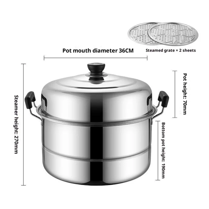 Stainless Steel Stack and Steam Pot Set 36cm 2-Layer Steamer with 2PCS Steamer Trays for Vegetable, Dumpling