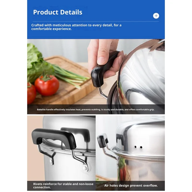 Stainless Steel Stack and Steam Pot Set 36cm 2-Layer Steamer with 2PCS Steamer Trays for Vegetable, Dumpling