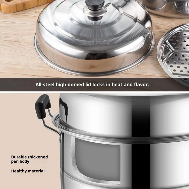 Stainless Steel 3-Tier Steamer Pot 28cm Steaming Pot Cookware with 2PCS Steaming Trays for Induction  /  Gas Stove