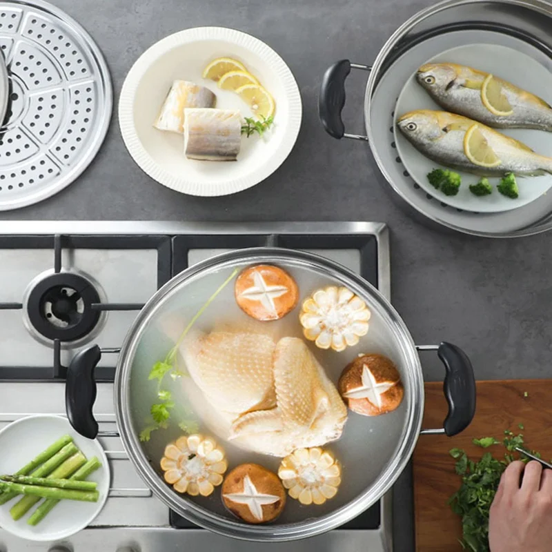 Stainless Steel 3-Tier Steamer Pot 28cm Steaming Pot Cookware with 2PCS Steaming Trays for Induction  /  Gas Stove