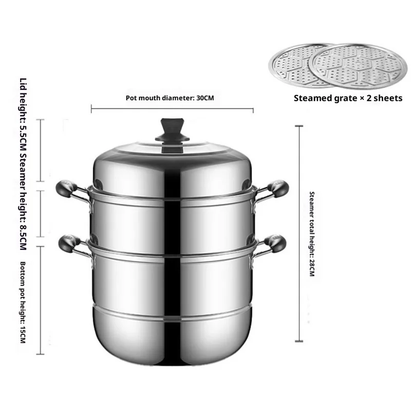 Stainless Steel 3-Tier Steamer Pot 30cm Steaming Pot Cookware with 2PCS Steaming Trays for Induction  /  Gas Stove