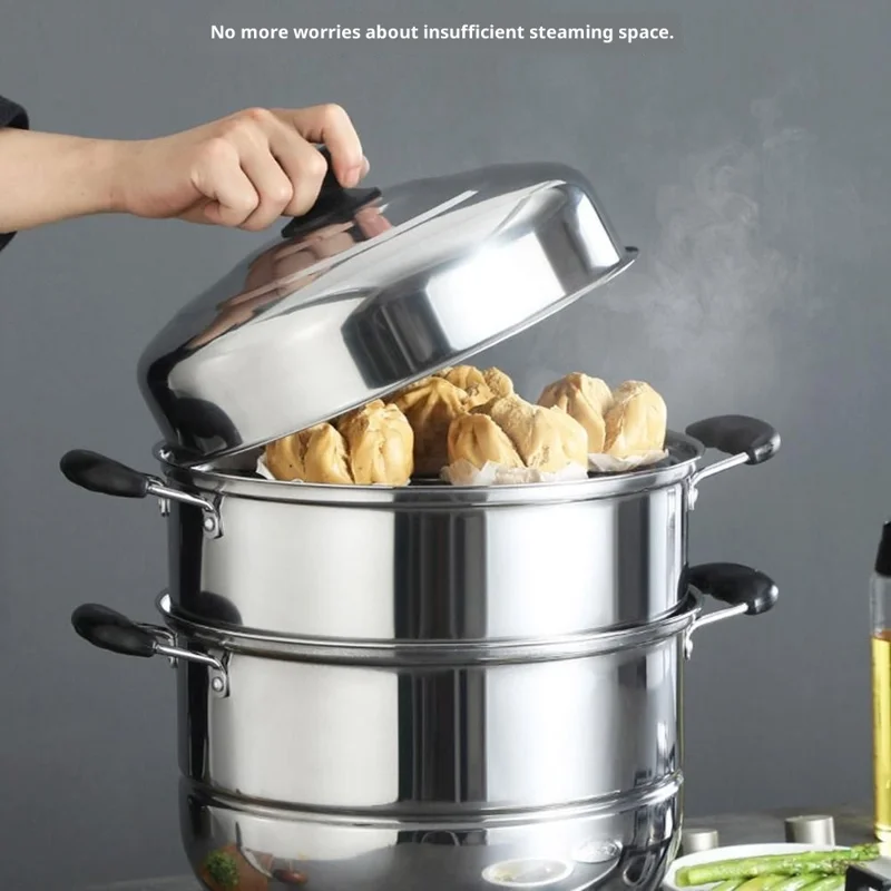 Stainless Steel 3-Tier Steamer Pot 32cm Steaming Pot Cookware with 2PCS Steaming Trays for Induction  /  Gas Stove