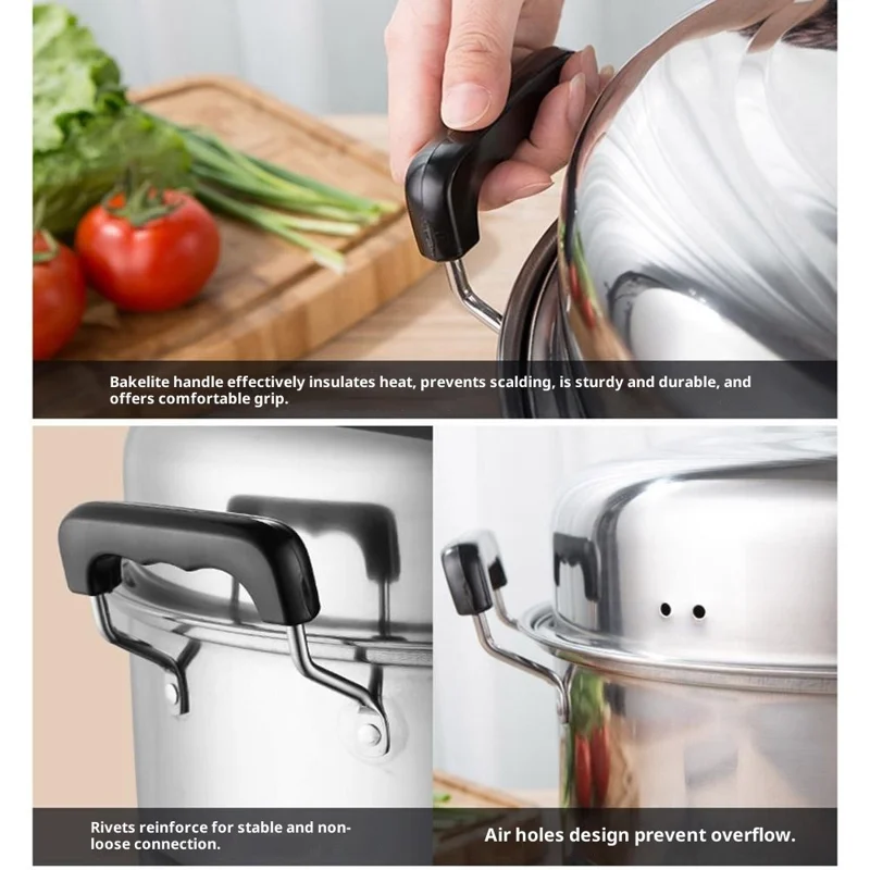 Stainless Steel 3-Tier Steamer Pot 36cm Steaming Pot Cookware with 2PCS Steaming Trays for Induction  /  Gas Stove