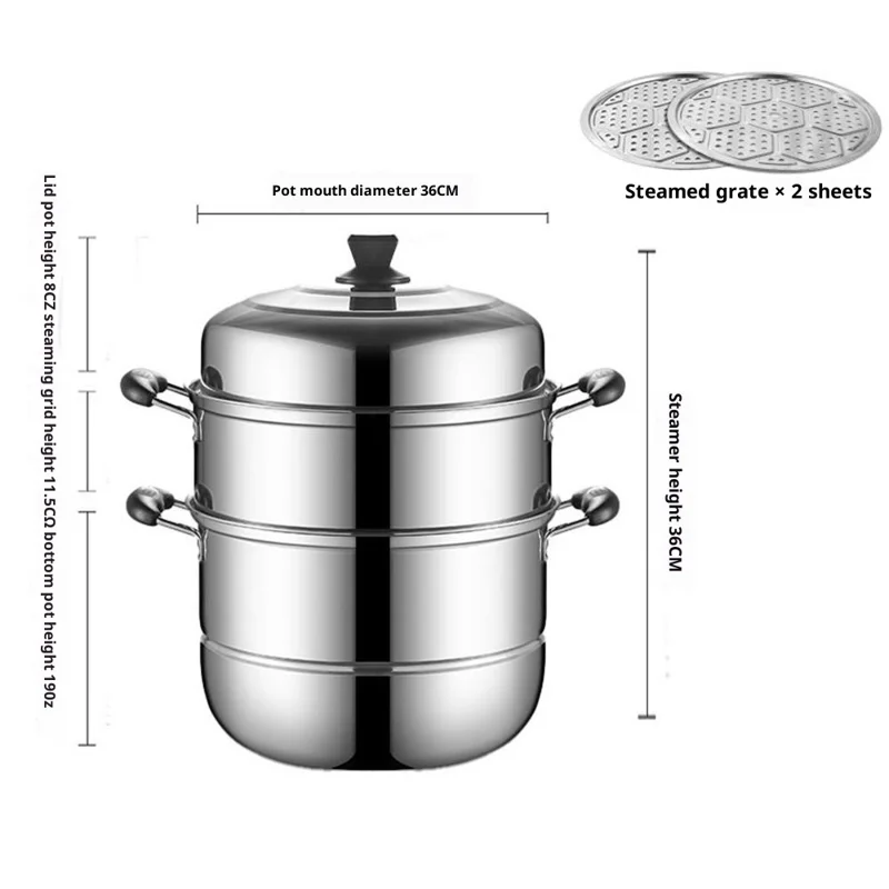 Stainless Steel 3-Tier Steamer Pot 36cm Steaming Pot Cookware with 2PCS Steaming Trays for Induction  /  Gas Stove