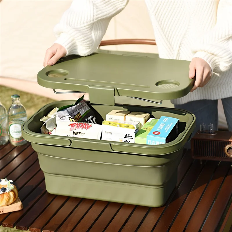 Panier de pique-nique PP avec couvercle, résistant à la poussière et à l'humidité, panier de rangement pliable, boîte organisatrice de pique-nique - Vert armée