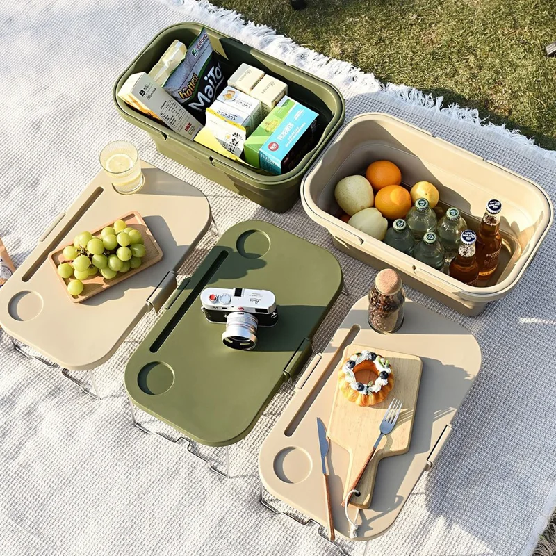Panier de pique-nique PP avec couvercle, résistant à la poussière et à l'humidité, panier de rangement pliable, boîte organisatrice de pique-nique - Vert armée
