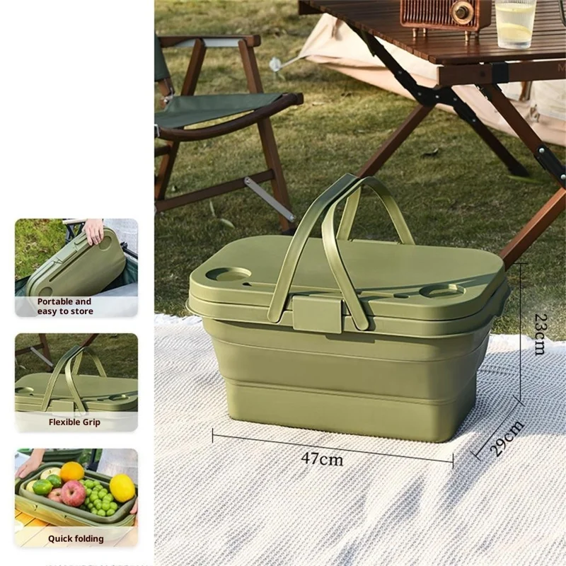 Panier de pique-nique PP avec couvercle, résistant à la poussière et à l'humidité, panier de rangement pliable, boîte organisatrice de pique-nique - Vert armée