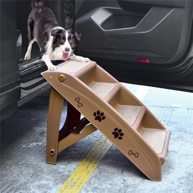 Süße Pfotenabdruck-förmige faltbare Haustier-Treppe für Hunde und Katzen, Kletterhilfe, tragbare 4-stufige Leiter aus Kunststoff - Hellkaffee