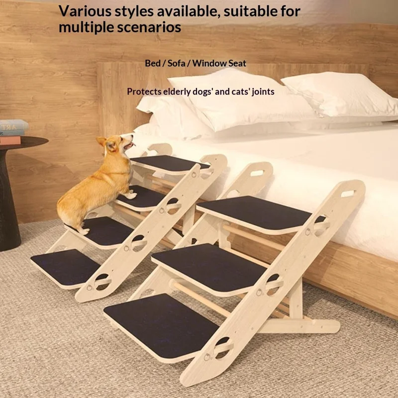 4-stufige faltbare Haustreppe für ältere Hunde, Katzen, tragbarer Holzrahmen, rutschfeste Rampe, Leiter