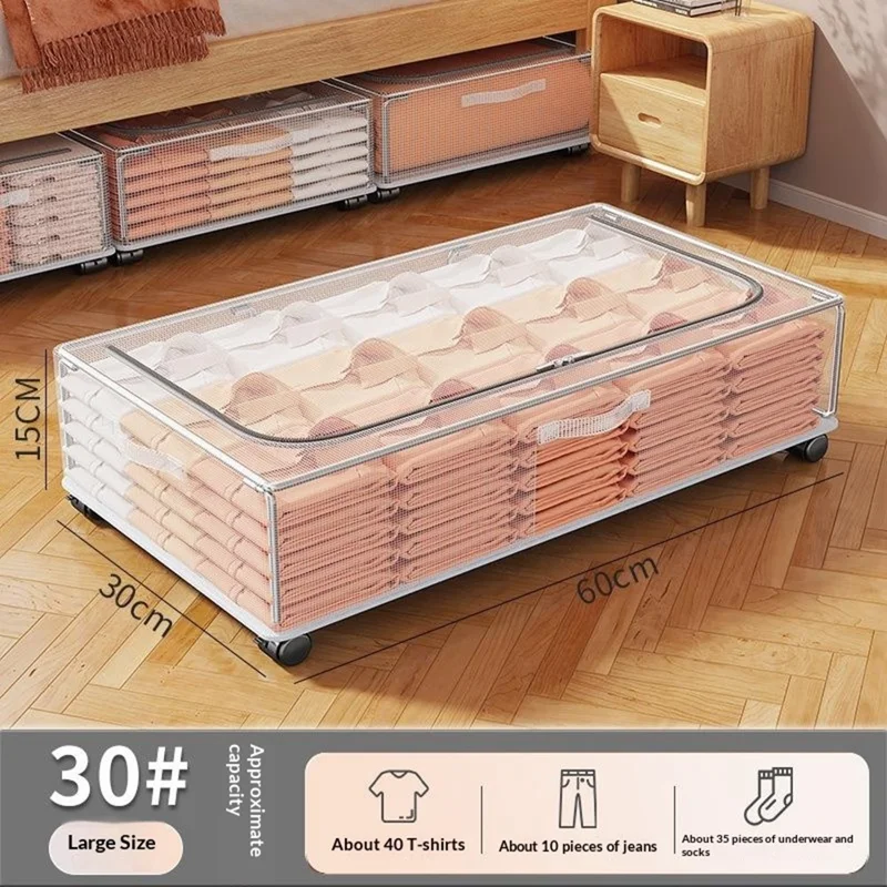 Größe L 60x30x15 cm Unterbett-Aufbewahrungsbox mit Rädern, staubdichter Organizer für Kleidung – Transparent