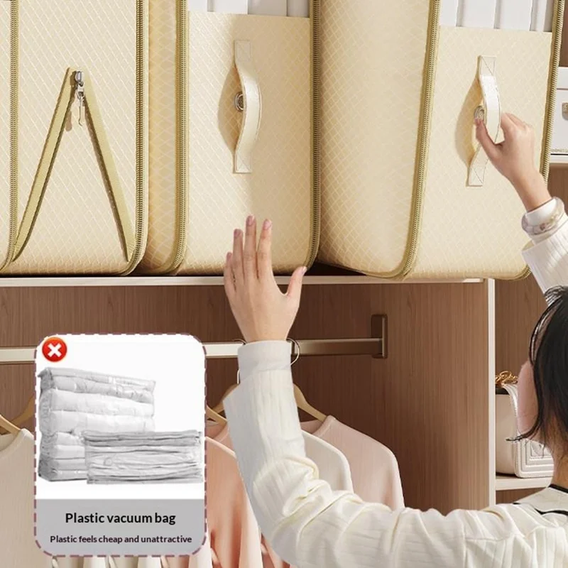 Sac de Rangement Double Couche 54x42x60 cm, Pochette de Compression Organisateur pour Vêtements, Couettes, Doudounes - Beige