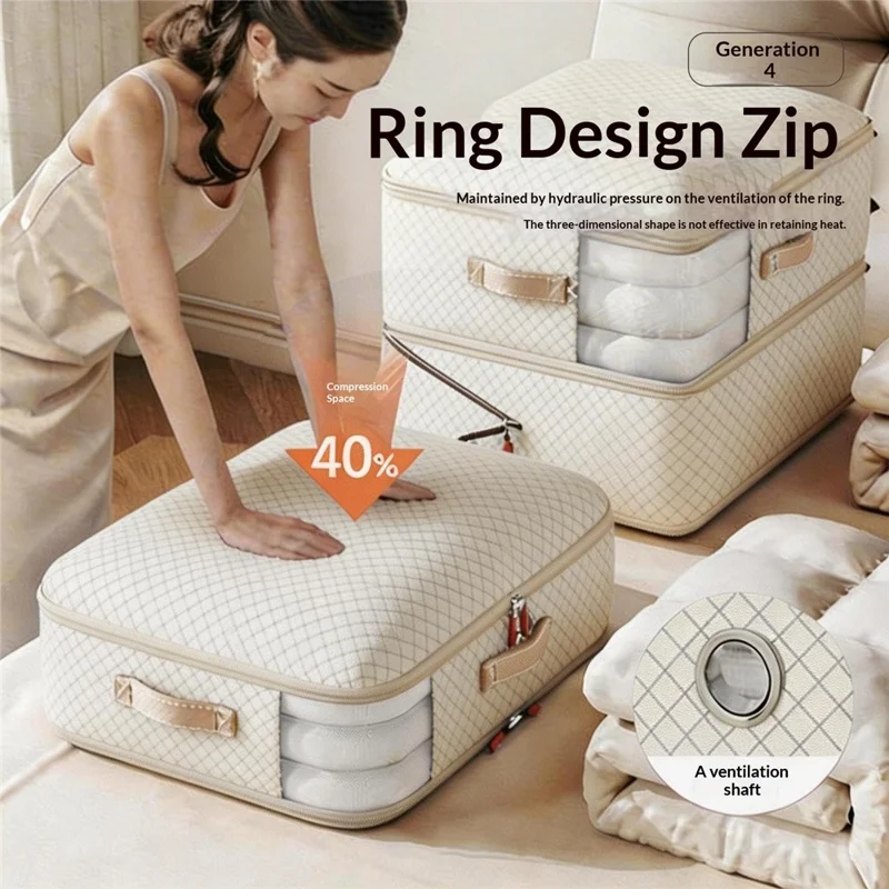 Borsa per Immagazzinaggio a Tre Strati 54x42x90 cm, Busta Compressa Organizzatore per Vestiti, Coperte, Giacche di Piumino - Beige