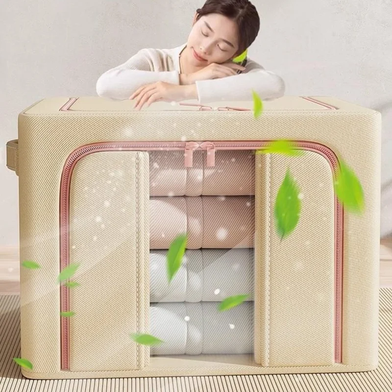 Caja de almacenamiento plegable de gran capacidad 50x40x40 cm, organizador de ropa para armario con ventana transparente - Una ventana / Color albaricoque