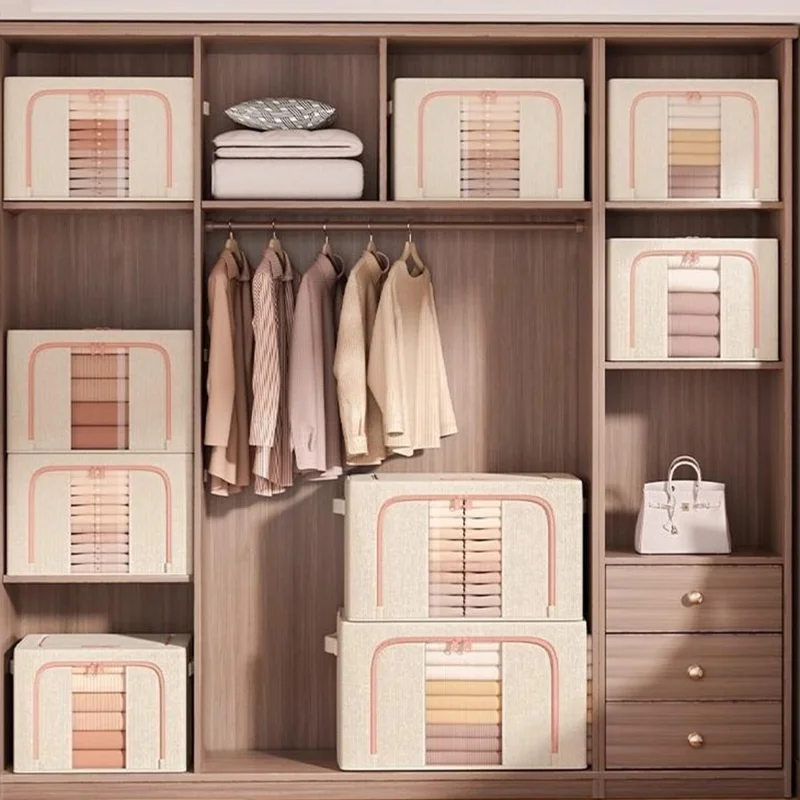 Caja de almacenamiento plegable de gran capacidad 50x40x40 cm, organizador de ropa para armario con ventana transparente - Una ventana / Color albaricoque