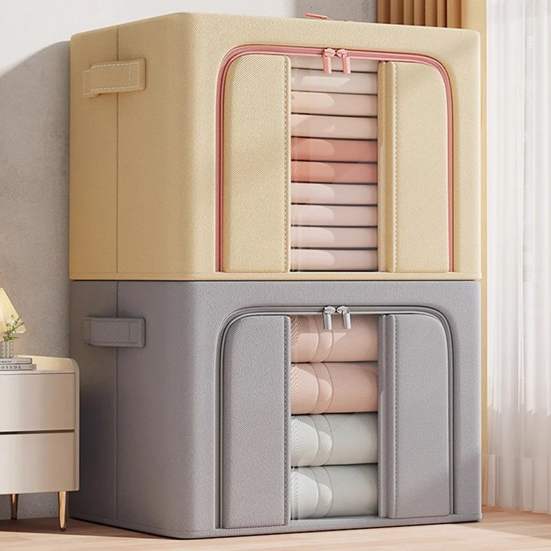 Caja de almacenamiento plegable de gran capacidad 50x40x40 cm, organizador de ropa para armario con ventana transparente - Una ventana / Color albaricoque