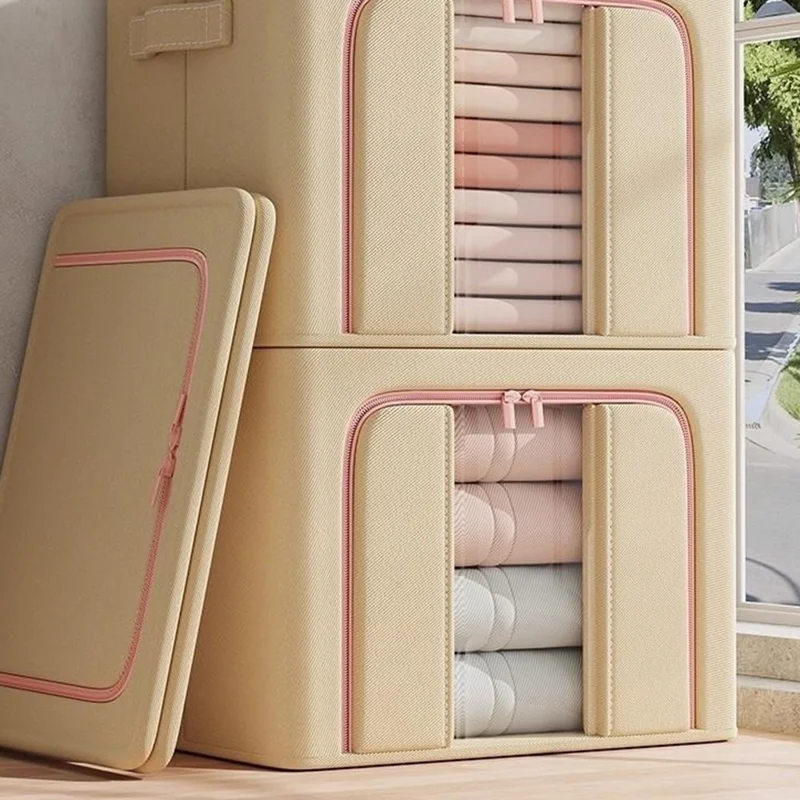 Boîte de Rangement Pliable de Grande Capacité 60x45x40 cm, Organisateur de Vêtements pour Placard avec Fenêtre Transparente - Fenêtre Simple / Abricot