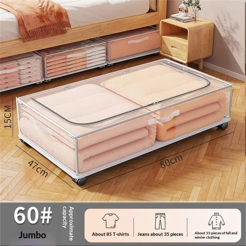 80x47x15cm Unterbett-Aufbewahrungsbox mit Rädern, große Kapazität, transparenter Organizer für Kleidung und Bettzeug